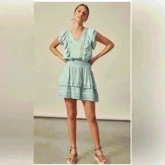 Mustard Seed Mini Dress Size M Pleated Detail Mint Green Woven Casual Boho Silky - Picture 6 of 13